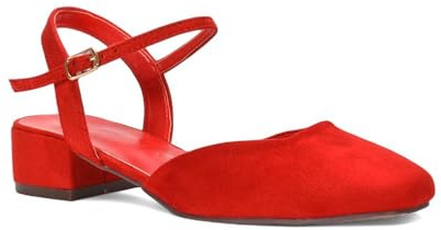 ESSEX GLAM Women's Ankle Strap Court Shoes Women's Block Low Heel Square Toe Faux Suede Strappy Heels Size 3-8