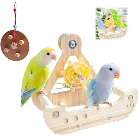 Vögel Spielzeug Mit Bissen Anhänger, Papageienspielzeug, Spielzeug für Nymphensittiche, Holz Vogel Schaukel für Papageien, Piratenschiff Form, Interaktives Sitzbrett für Käfig & Beschäftigung
