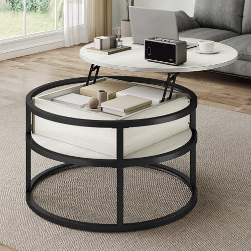 TAUS Round Coffee Table with Lift Top, Storage Coffee Table Adjustable Height with Hidden Compartment and Stable Metal Frame, 80X80X47CM