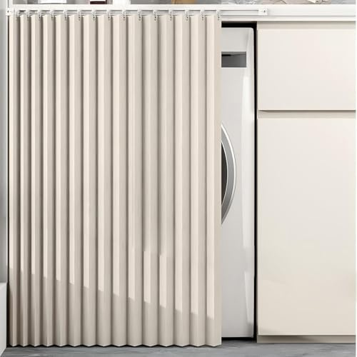 LQYDQSC Schiebegardine for Schrank, Tragbare Heimvorhänge, No-Drill Installation, Dickes Leinengewebe, Privatsphäre- und Staubschutz, for Waschraum(Beige,33 * 35in)