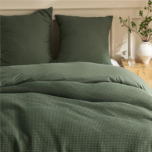 BEDSURE Bettwäsche 200x220 Baumwolle Waffelpiqué - 3teilig Olivengrün | Waffel-Baumwoll-Bettwäsche mit Reißverschluss, einfache Montage, ÖKO-TEX, weich & hautfreundlich, ganzjährig geeignet
