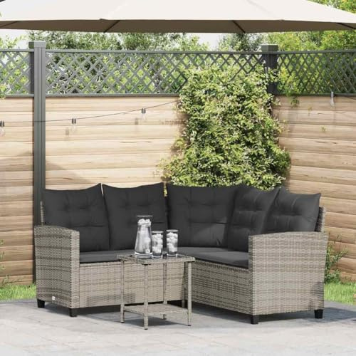 IBUQDDV Canapé de jardin en forme de L avec table et coussin gris en polyrotin 4 coussins et 1 table - Meuble d'extérieur en rotin PE avec cadre en acier et plateau en verre - Salon résistant aux