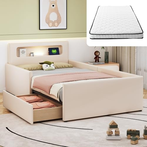okwish Kinderbett 90x200 mit Stauraum, LED & USB, Polsterbett Kunstleder