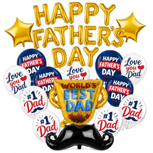 31 Pcs Fathers Day Balloons, Father's Day Decorations With 16 Inch Gold Foil Balloons, Banner, Trophy Bottle for Party Birthday Celebration Supplies