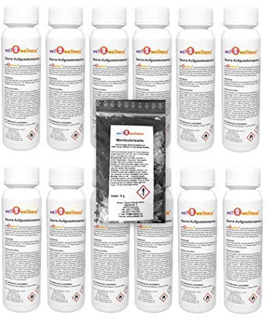 Saunaaufguss Set 12 x 125 ml von well2wellness® + gratis 10g Mentholkristalle - freie Wahl aus über 60 Saunadüften