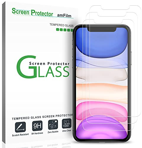 amFilm (3 Piezas) Cristal Templado Protector de Pantalla para iPhone 12, iPhone 12 Pro, iPhone 11, y iPhone XR (10R) - Cobertura Total (Instalación Fácil) Vidrio Templado (6.1)