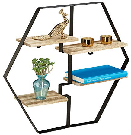 Relaxdays Hexagon Regal für die Wand, 4 Ablagen, Holz & Eisen, sechseckiges Wandregal HBT 52x60x12 cm, schwarz/natur