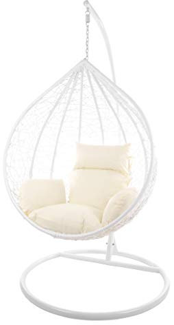 KIDEO Komplettset: großer Hängesessel mit Gestell & Kissen, Korbsessel, Poly-Rattan (Korb & Gestell: weiß, Kissen: Elfenbein Nest (0050_Ivory))