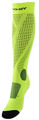 FLOKY, Calze Running Run-Up Long, Calze a Compressione Uomo e Donna, Adatte per attività di Lunga Durata Come Running e Trekking, Protezione Infortuni, Taglia L, Colore Giallo-Flou, Made in Italy