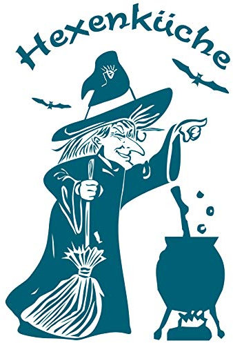 wall-refine WS-00352 | HEXENKÜCHE - kochende Hexe | 58 x 87 cm, Petrol/bahamablue, seidenmatt, Premium Wandtattoo Wandaufkleber der Extra-Klasse