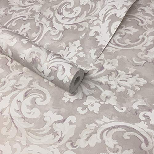 Lavender Purple, White & Beige Shimmer Effect Floral Damask Wallpaper - FD21609