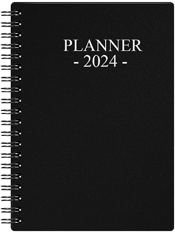 Kalender 2024, Wochenplaner mit Monatsregisterkarten, Tagebuch Run Jan 2024-Dez 2024, Flexibler Einband, Doppeldrahtbindung, einfaches Organisieren täglichen Lebens, 14×17,5cm, Schwarz Planer 2024