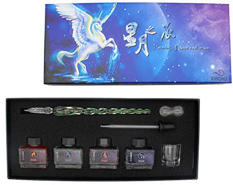 XIAOYU bolígrafo luminoso de cristal para inmersión con firma, juego de 8 piezas con tinta de 4 colores, 1 bolígrafo de vidrio, 1 portalápices, 1 taza de limpieza y 1 pajita - verde