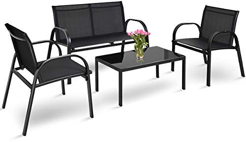 RELAX4LIFE 4tlg. Gartemmöbel, Gartengarnitur mit Tisch & 2 Stühlen & Zweisitzer-Sofa, wasserdichtes Gartenset für Innen- und Außenbereiche, Balkonset mit Textilene & Eisen, Lounge Set (Schwarz)