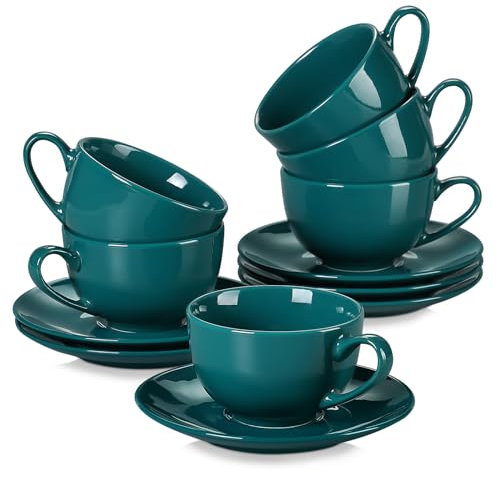LOVECASA Kaffeeservice porzellan, SWEET 12-teilige Kaffeetassen mit Untertassen, Cappuccino Tassen für 6 Personen, 230 ml, dunkelgrün