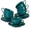 LOVECASA Kaffeeservice porzellan, SWEET 12-teilige Kaffeetassen mit Untertassen, Cappuccino Tassen für 6 Personen, 230 ml, dunkelgrün