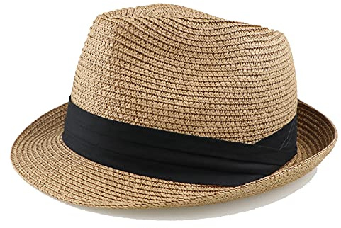 HilyBony Chapeau Fedora en paille pour enfants - Chapeau Fedora à bord court pour garçons et filles, kaki, 5-9 ans