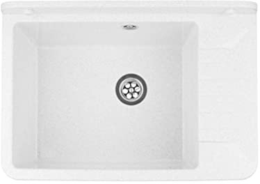 VBChome Ausgussbecken 50 x 35 x 18 cm Weiß Spülbecken Waschtrog mit Überlauf Waschbecken für Gewerbe Waschraum Garten inkl. Ablaufgranitur