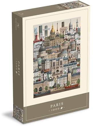 Martin Schwartz ApS Paris Stadt Puzzle 1000 Teile für Erwachsene – Künstlerisches Stadtmotiv mit Poster und Gebäudeliste, 50 x 70 cm, Karton
