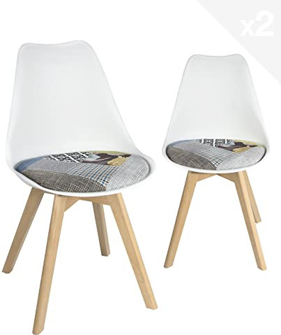 KAYELLES Lot de 2 chaises scandinaves, Coussin Tissu Patchwork Multicolore rembourré, Pieds Bois de hêtre Clair Lao (Blanc Patch Fleuri)