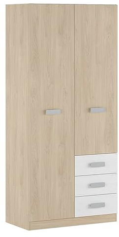 SHIITO | Modelo Chelsea - Armario Multiusos con 2 Puertas y 3 Cajones | 207.6 x 94.8 x 50 cm - Natural y Blanco Veteado | Óptimo para Almacenaje Resistencia