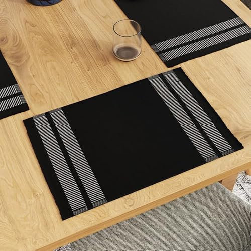 Encasa XO Platzsets Esstisch Set von 6 | Leiter schwarz | Fein gerippte Baumwoll-Tischunterlage | Größe 46x32 cm | Maschinenwaschbar