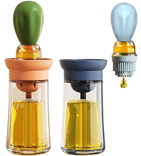 Distributore di olio con pennello, confezione da 2 bottiglie in vetro per olio d'oliva, con pennello per impastare, friggere e cuocere in cucina, 180 ml, T-OB21 blu+verde