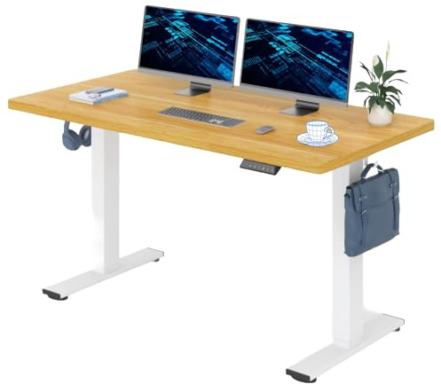 FLEXISPOT 140x80cm Electric Standing Desk Height Adjustable Desk ONE PIECE Sit Stand Desk Stand Up Desk with Memory Smart Pannel (White Frame+Maple Desktop)