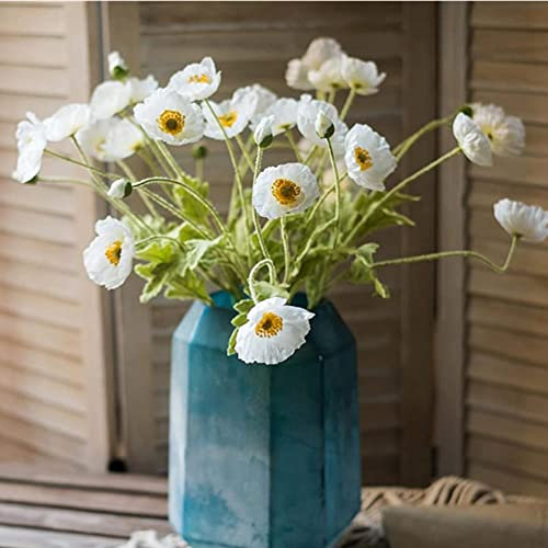 OUKEYI 6 Stück Seide Künstliche Mohnblumen Home Decor Faux Mohn Blume Mittelstück Künstliche Pflanzen Korallen Blumenarrangement Seidenblumen für Dekoration (Weiß)