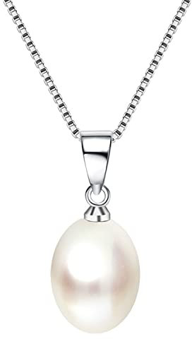 Löb Damen Halskette 925 Silber mit Zuchtperlen Perlen-Anhänger Kette Perlenkette Oval Tropfen Weiß Tropfenform Braut Brautschmuck