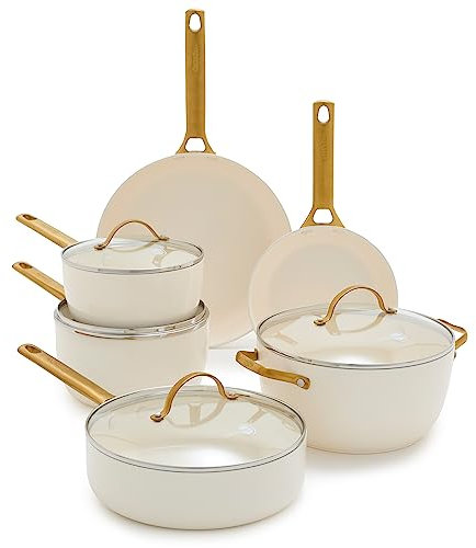 GreenPan Reserve Hard Anodized Healthy Ceramic Nonstick 10 Piece Cookware Pots and Pans Set, Gold-Tone Stainless Steel Handles, PFAS & PFOA-Free, Dishwasher Safe, Oven & Broiler Safe, Cream White