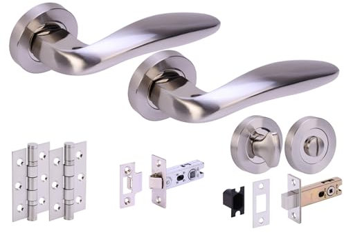 HANDLEZONE® Lagus Door Handles on Rose Bathroom Deadbolt Pack with 75mm Ball Bearing Hinges, 76mm Latch and Lock - Dual Polished/Satin Nickel