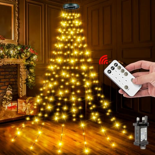 PBGMRT Christmas Tree Lights Warm White - 2M/6.6FT x 12 Strands 240LEDs Mains Powered Fairy Lights Waterproof with Remote & 8 Modes Memory Timer for Outside Indoor Xmas Party Decorations