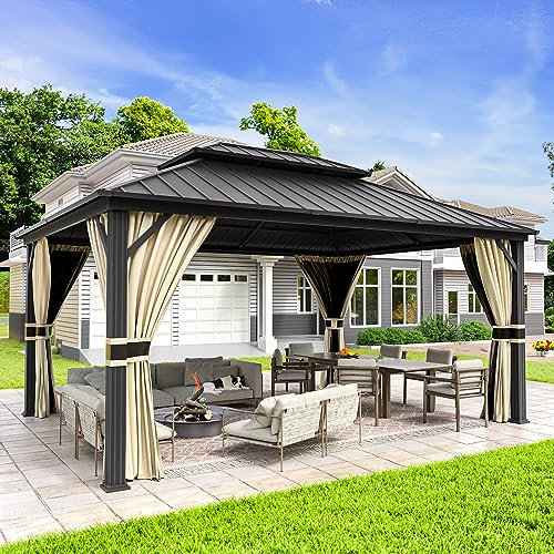 UDPATIO 3.65 x 4.85 m Gartenpavillon Wasserdicht Stabil Winterfest Hardtop Pavillon, Verzinkter Stahl Doppeldach Aluminium Pavillon mit Moskitonetz und Vorhänge für Garten, Terrasse, Rasen, Beige