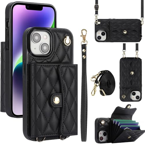 XIZYO Leather Crossbody Wallet Case for iPhone 15, Black | with Adjustable Removable Lanyard Strap, with Card Slots, Solid Colour, Cute Luxury, Sturdy Shockproof, for Women Girls