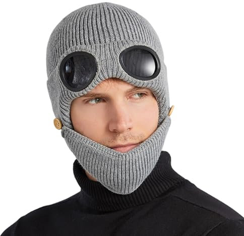 YzoTek Unisex Knitted Goggles Beanie - 3 in 1 Winter Warm Outdoor Sports Fashion Aviator Hat with Face Mask & Ear Cover Grey