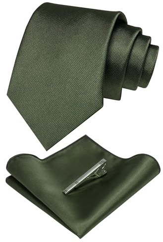 JEMYGINS Herren-Krawatte aus Seide und Krawattenklammern & Taschentuch-Set, Olivgrün