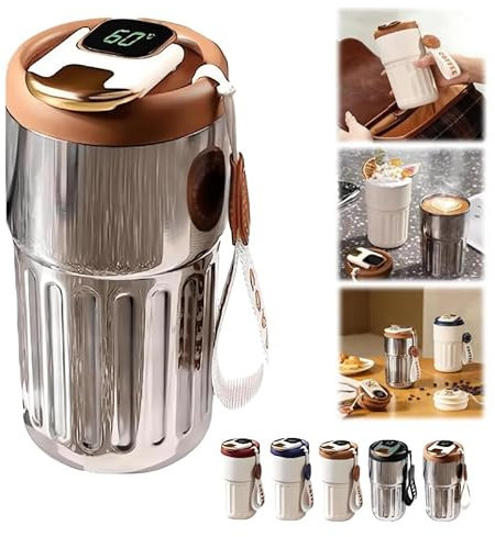 Taza térmica de café inteligente con pantalla de temperatura, taza de café inteligente, termo portátil al vacío con forro interior de acero inoxidable, retención de 6 horas (marrón)