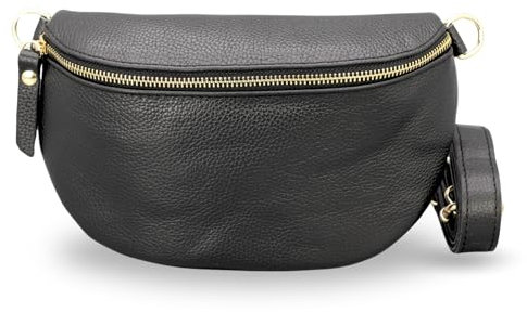 ADEL Bauchtasche Damen Echtleder Emma Gold Handgemachte Umhängetasche Crossbody Bag Schultertasche mit Ledergurt Stylische Hüfttasche Made in Italy (Schwarz-Gold 1, Medium)