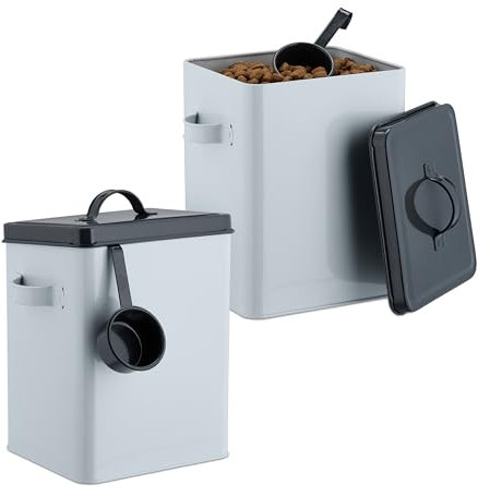 Relaxdays 2X Food Storage Box with Lid & Spoon Futterbox, 2er Set, je 5,5 l, mit Deckel & Löffel, Eisen, Aufbewahrungsbox Trockenfutter, weiß/anthrazit, 70 30% Kunststoff