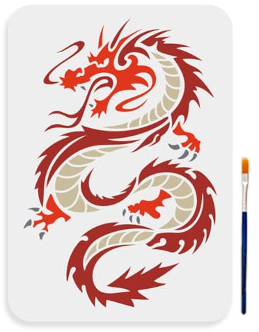 MAYJOYDIY Drachen Schablone 29.7 × 21cm Groß Mittelalterliche Drachenschablonen Mit Pinsel Wiederverwendbare Vorlage Mit Antikem Chinesischen Drachen Für Leinwand Stoff Wände DIY Bastelprojekte