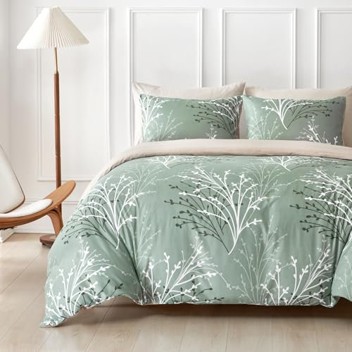 Tokokimo Housse de Couette 220x240 avec 2 Taies d'oreiller 65x65 cm - Motifs de Branches et de Feuilles - Parure de lit 220x240 cm - Housse Couette avec Fermetures éclair, Vert