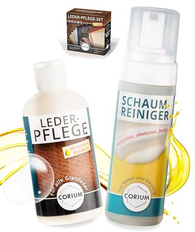 Corium Lederpflegeset - Schaumreiniger, Pflegemittel und hochwertigem Mikrofasertuch - Lederpflege Set für Möbel, Auto und Kleidung - Lederreiniger mit Mandelöl - Leder Reinigung & Pflege