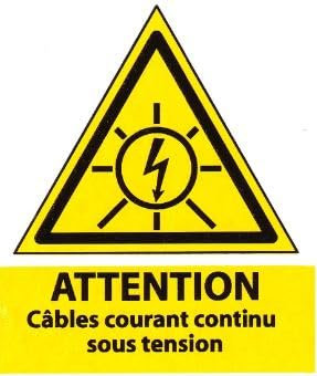 10 étiquettes adhésives – Attention câbles courant continu sous tension - Dim. 40 x 45 mm - autocollant - découpées à la forme - signalisation photovoltaique