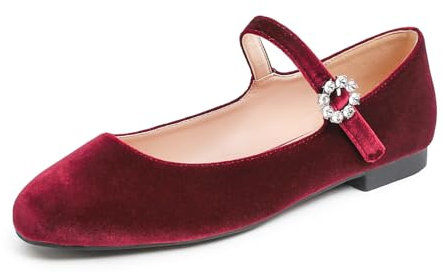 Feversole Women's Square Toe Mary Jane Fashion，Punta Quadrata Easy Buckle Tacco Basso Slip On Flats Mary Jane Quadrata Borgogna Velvet Taglie 39 EU