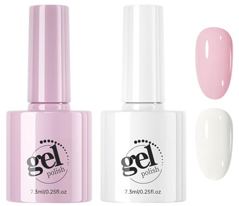 Nail Polish Set, 2 PCS UV Gel Nail Polishes, White & Pink French Tip Manicure Natural Classic Nail Polish set, Long Lasting Chip Resistant Nail Varnishes, DIY Nail Art Salon Gift for Women & Girls