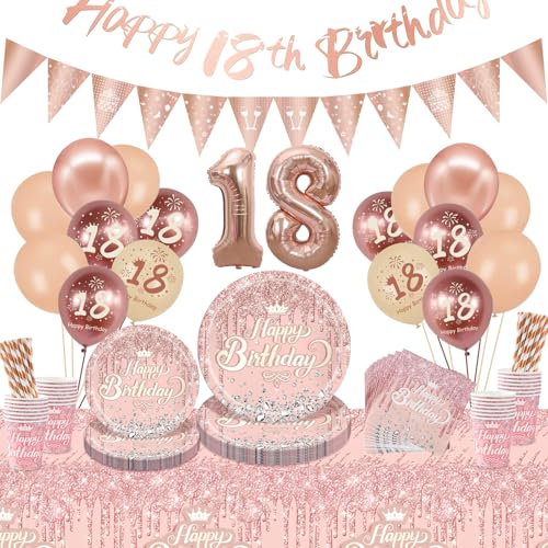 INSANYJ 100PCS Rose Gold 18th Birthday Decorations for Girls, Happy 18th Birthday Tablecloth,Paper Plates,Napkins Serviettes and Cups Sets for 18th Birthday Table Decorations for Her 18th Birthday