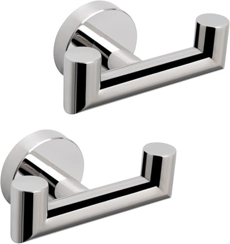YUET Double Door Hooks for Bathrooms, Chrome Mirror Hooks for Kitchen Bathroom, SUS304 Stainless Steel Coat Hook, Heavy Duty Towels Holder for Hanging Towel, Coats,sponges, Clothes, Wall Mount, 2 Pack