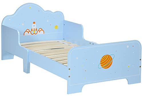 ZONEKIZ Letto per Bambini con Sponde Anti-Caduta, Lettino per Bambini Età 3-6 Anni con Fantasia Spaziale, 143x74x59cm, Azzurro