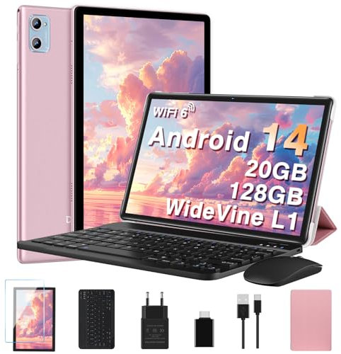 2025 Newest Tablette 10.1 Pouces avec 20Go RAM+128Go ROM (TF 1To), Tablette Tactile Android 14,5G Wi-Fi 8 Cœurs| BT 5.0| 6000mAh| 8+5MP| GMS| Widevine L1| Tablettes 2 en 1 avec Clavier Souris-Or Rose